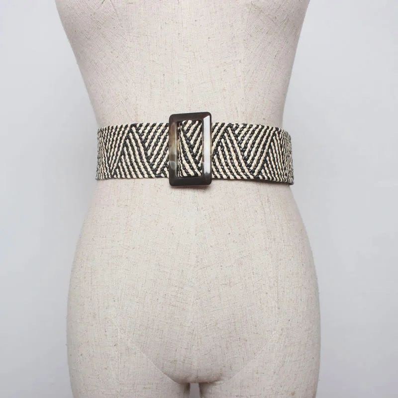 

Female Acrylic Buckle Without Hole Adjustment Black Wide Straw Elastic Belt for Women Dress Long Braided Ladies Belts Bz03