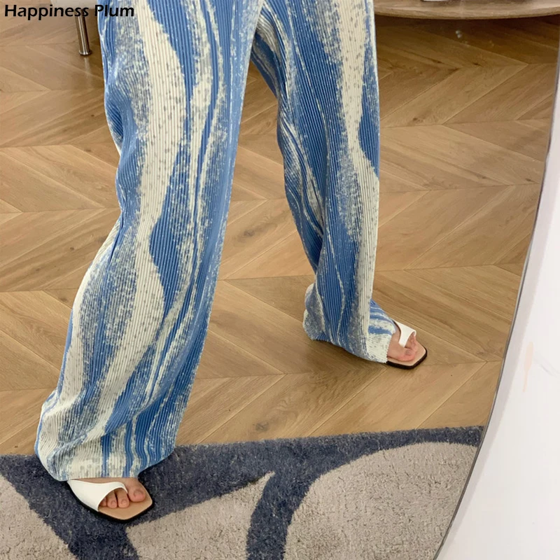 Rendering Pleat Thin Casual Wide Leg Straight Pants Glittering Fashion Long Pants Elastic Waist Trouser Floor-Length Pants