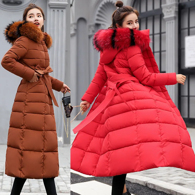 

Новинка 2021, зимняя куртка, женское теплое модное пальто с воротником из лисьего меха и бантом на поясе, длинное платье, женское плотное пальт...