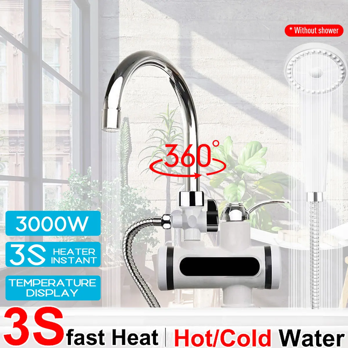 3000W Instant Electric Faucet Tap 220V Hot Water Heater Stainless Steel LED Display 360° Rotatable Bathroom Kitchen Showerhead
3000W Instant Electric Faucet Tap 220V Hot Water Heater Stainless Steel LED Display 360° Rotatable Bathroom Kitchen Showerhead
