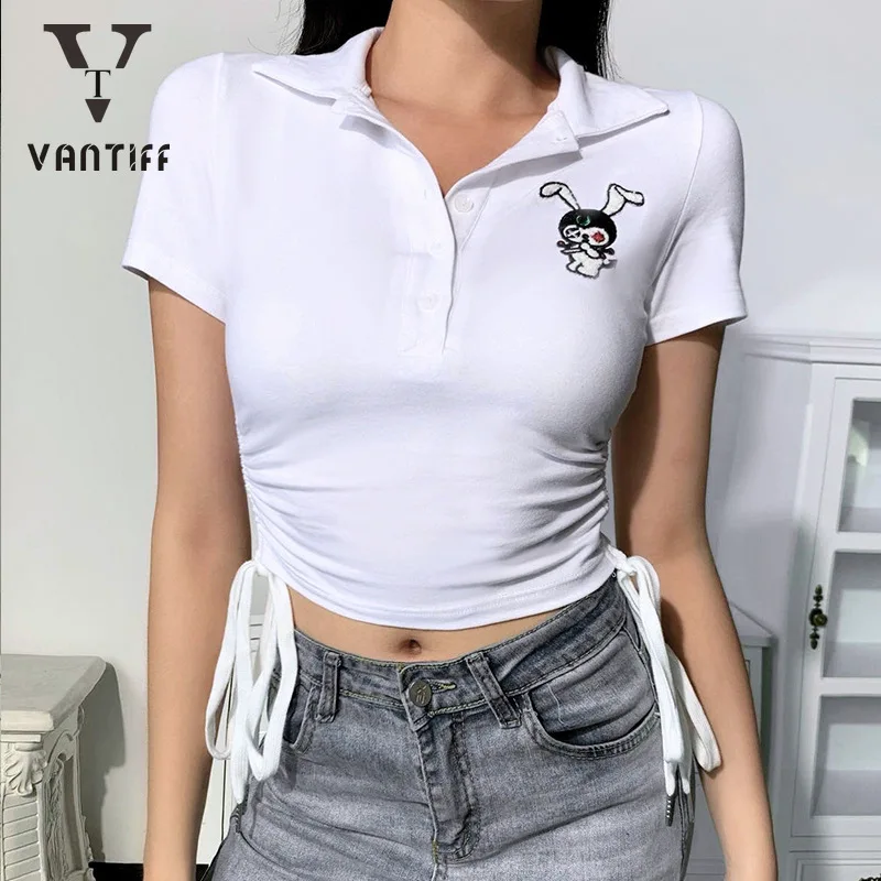 Sexy Crop Tank Tops Women Lapel Short Sleeve Polo Shirt Cartoon Embroidery Drawstring Bandage Show Thin T-shirt Female
Sexy Crop Tank Tops Women Lapel Short Sleeve Polo Shirt Cartoon Embroidery Drawstring Bandage Show Thin T-shirt Female
