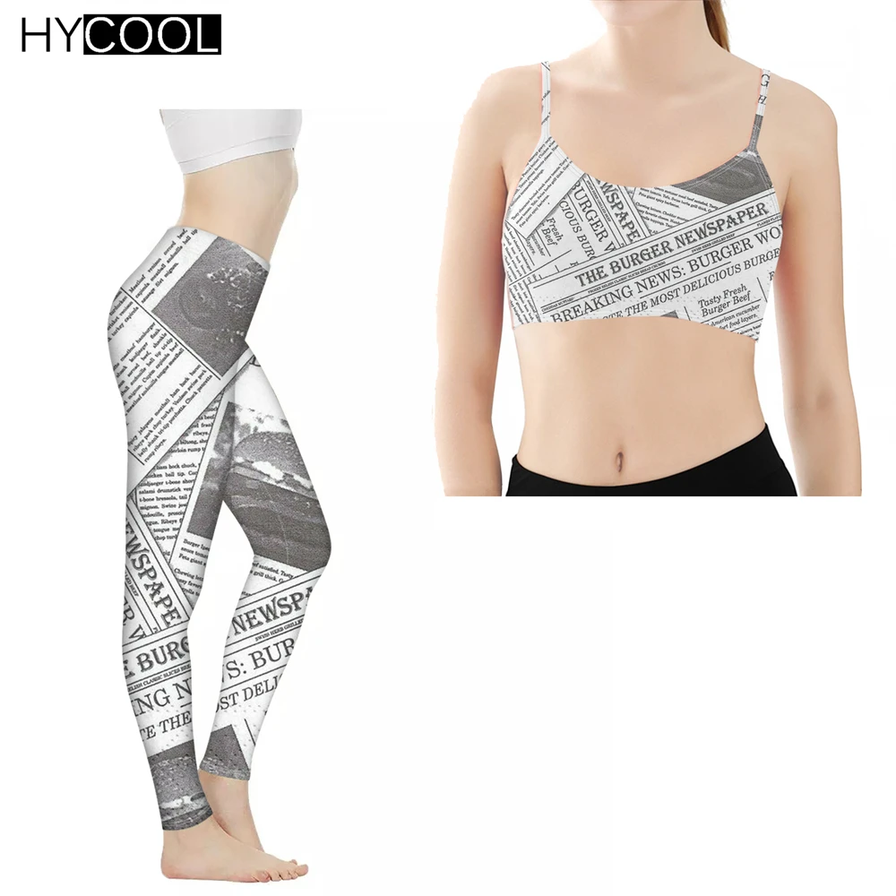 

HYCOOL New Trend Women 2pcs Yoga Set Newspaper Pattern Design Gym Crop Top Sports Bra High Waist Leggings Tracksuit Sportwear