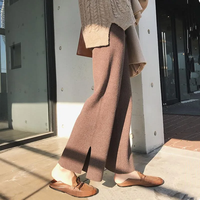 Брюки женские трикотажные с широкими штанинами, повседневные свободные драпированные брюки с высокой талией и разрезом, Осень-зима 
Брюки женские трикотажные с широкими штанинами, повседневные свободные драпированные брюки с высокой талией и разрезом, Осень-зима