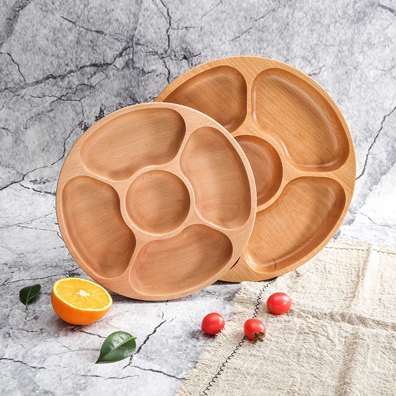 

Тарелка для хранения еды в японском стиле, креативная тарелка из бука с пятью ячейками, поднос из массива дерева для фруктов в гостиную