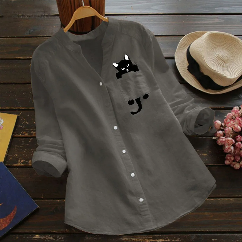 Fashion Pocket Linen Cute Cat Print Blouse Casual Spring Ladies Button Loose Tops Female Women Long Sleeve Shirt Blusas Pullover
Fashion Pocket Linen Cute Cat Print Blouse Casual Spring Ladies Button Loose Tops Female Women Long Sleeve Shirt Blusas Pullover