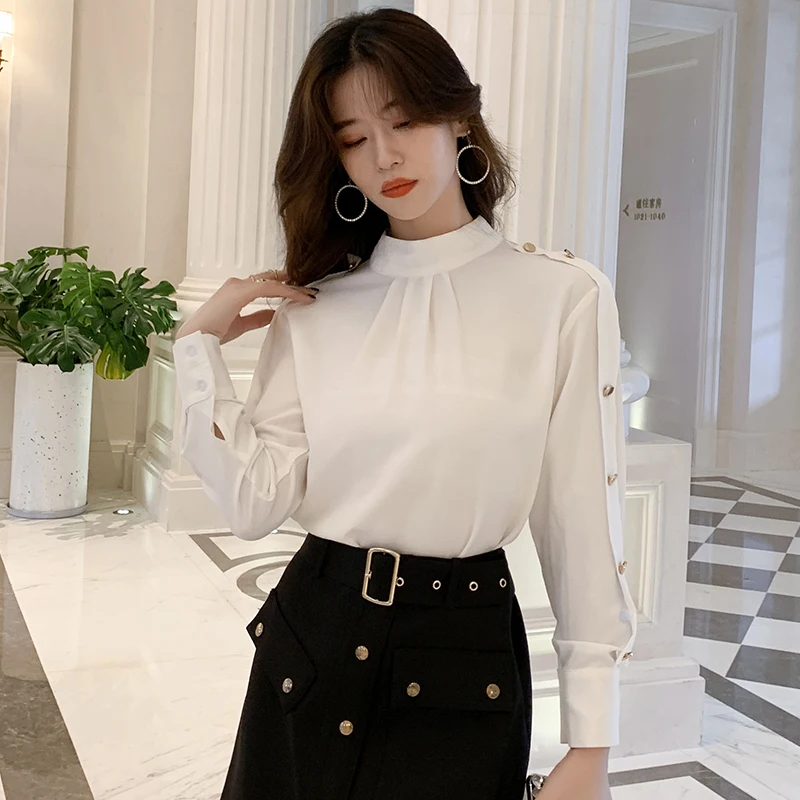 Блузка женская с длинным рукавом, однотонная офисная рубашка с металлическими пуговицами, Повседневная Свободная однотонная одежда, TA334 
Блузка женская с длинным рукавом, однотонная офисная рубашка с металлическими пуговицами, Повседневная Свободная однотонная одежда, TA334