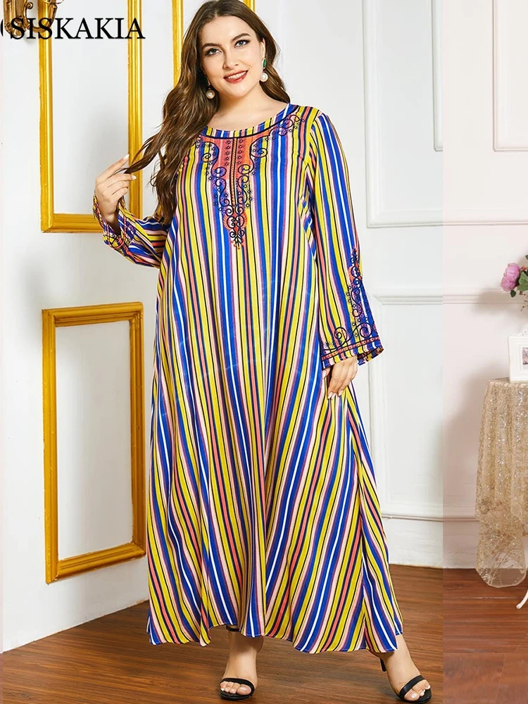 Siskakia Plus Size Ethnic Embroidery Striped Maxi Dress for Women Casual Long Sleeve Arabic Dubai Turkey Muslim Clothes 2021 New
Siskakia Plus Size Ethnic Embroidery Striped Maxi Dress for Women Casual Long Sleeve Arabic Dubai Turkey Muslim Clothes 2021 New