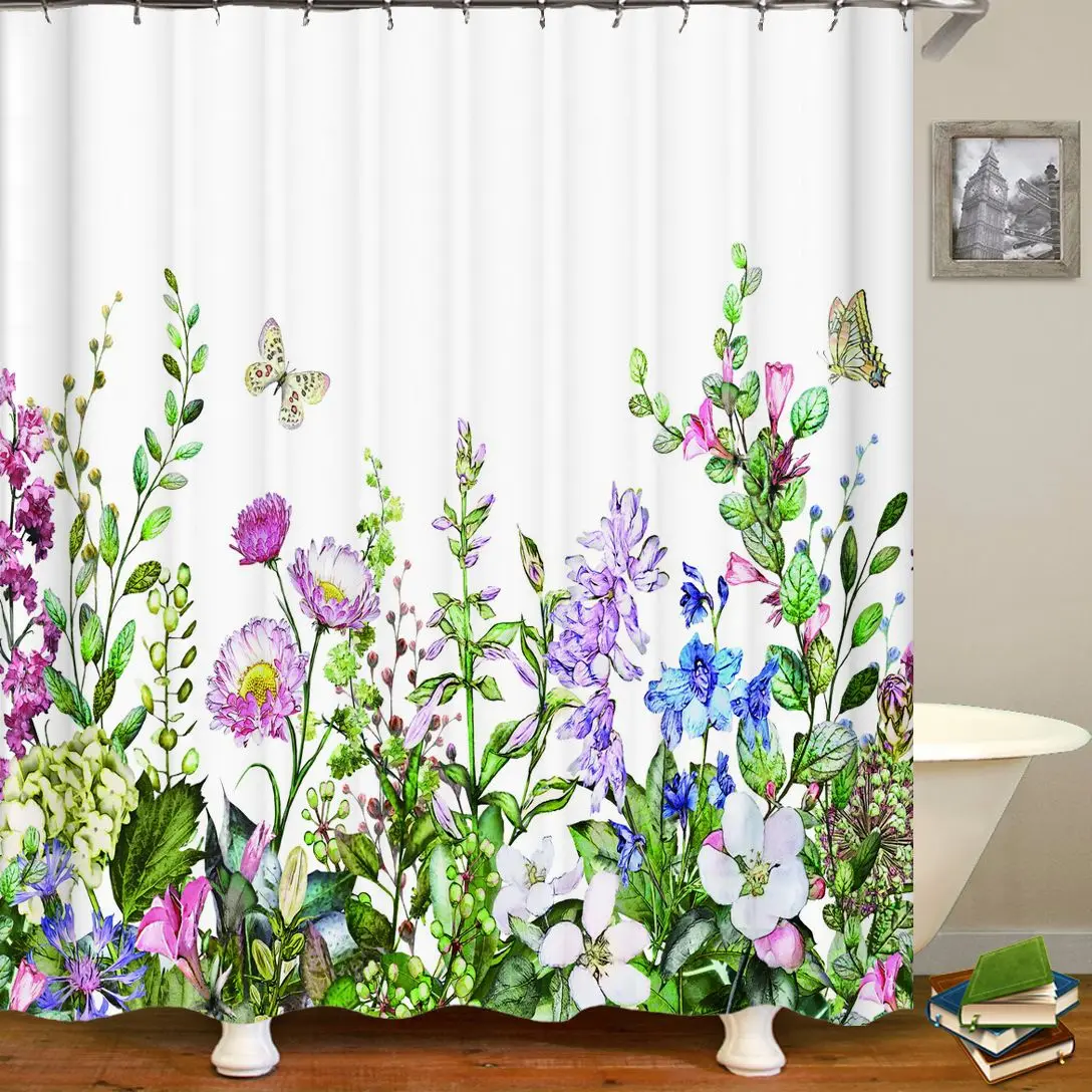 

Shower Curtain Colorful Flowers Birds Butterflies Plant leaf Pattern Frabic Bathroom Curtains with 12 Hooks Bathtub Decoration