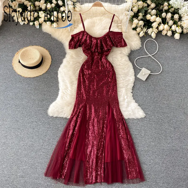 Women's Party Night Dresses 2021 Spaghetti Strap Sexy Maxi Long Dress Silm Robe Femme Sequined Elegant Party Dress
Women's Party Night Dresses 2021 Spaghetti Strap Sexy Maxi Long Dress Silm Robe Femme Sequined Elegant Party Dress