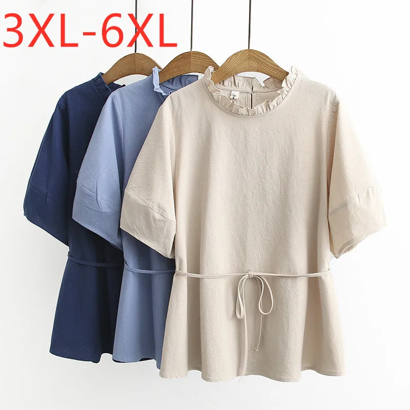 New 2021 summer plus size tops for women large blouse short sleeve casual loose cotton belt shirt beige blue 3XL 4XL 5XL 6XL
New 2021 summer plus size tops for women large blouse short sleeve casual loose cotton belt shirt beige blue 3XL 4XL 5XL 6XL