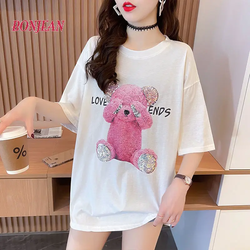 NEW 2021 Beading Bear Teddy Women T-shirt Harajuku Oversize HIp Hop Women Plus Size Summer New Korean Tops Kawaii Clothes
NEW 2021 Beading Bear Teddy Women T-shirt Harajuku Oversize HIp Hop Women Plus Size Summer New Korean Tops Kawaii Clothes
