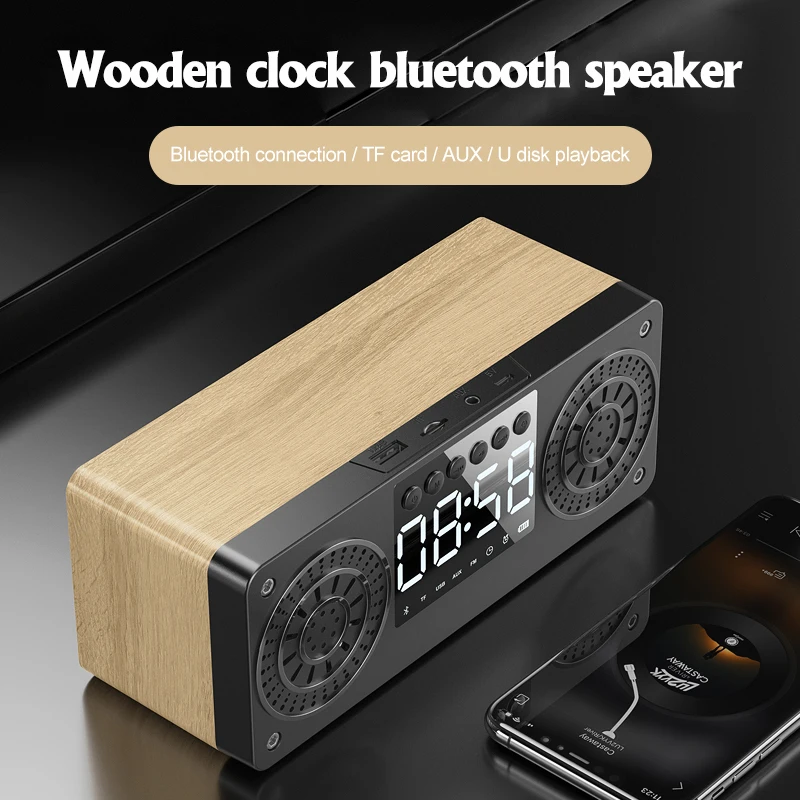 

Wooden Bluetooth Speaker Portable Wireless Speakers Bass Stereo Subwoofer With Handsfree TF Card AUX MP3 FM Player Alarm Clock