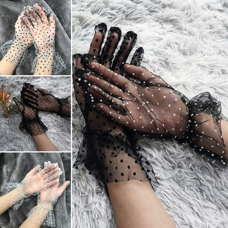 

New Women Spots Lotus Leaf Sheers Stretchy Gloves Short Tulle Autumn Accessories Full Finger Lace