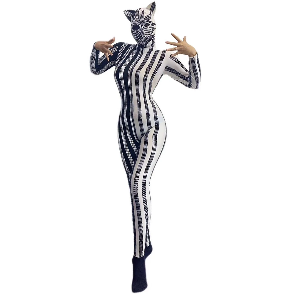 

Role-Playing Cute Cat Women Bodysuit Striped Inlaid Rhinestones Sknny Stretch Asymmetrical Jumpsuit Halloween Costumes