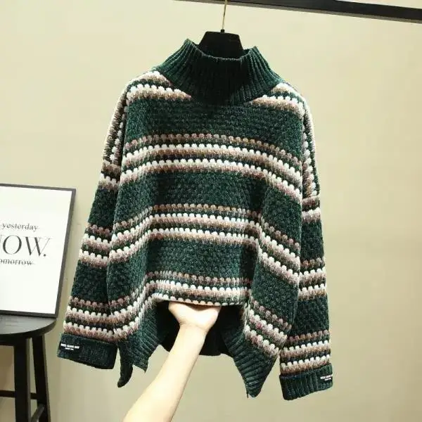 

Женский полосатый свитер с ложным воротником, свободные пуловеры, мягкий теплый джемпер, топы большого размера на осень и зиму