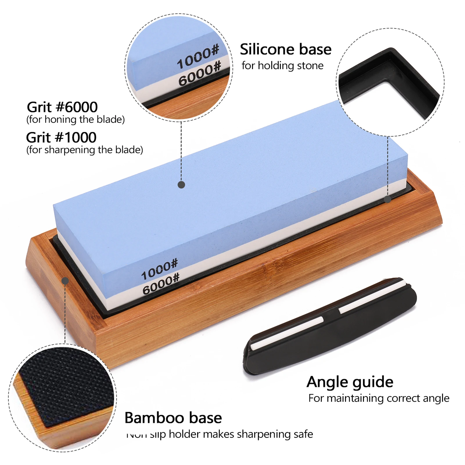 1000/6000 Grit Double-sided Whetstone with Bamboo Holder Angle Guide for Cutter Sharpening 
1000/6000 Grit Double-sided Whetstone with Bamboo Holder Angle Guide for Cutter Sharpening