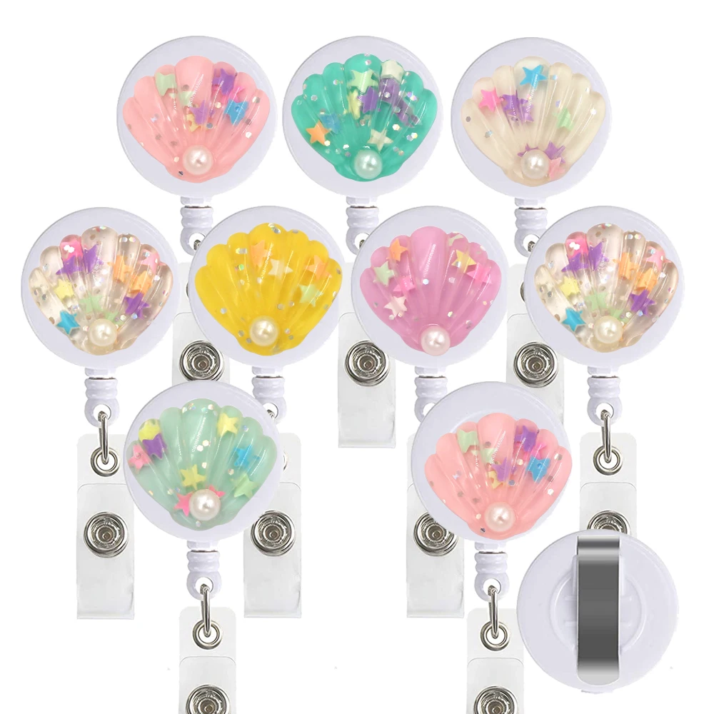 

9pcs Lot Shell Retractable ID Card Badge Clip Reel Holder for Nurses Hospital Student Offiice Car Sunflower Sweet Rainbow Style