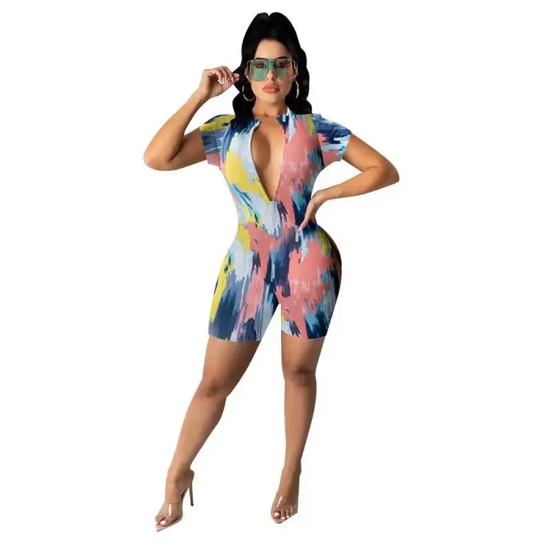 Summer Tie Dye Print Women' s Playsiut Romper Sexy Zipper V Neck Short Sleeve Shorts Bodycon Club wear Jumpsuit Women Clothing
Summer Tie Dye Print Women' s Playsiut Romper Sexy Zipper V Neck Short Sleeve Shorts Bodycon Club wear Jumpsuit Women Clothing