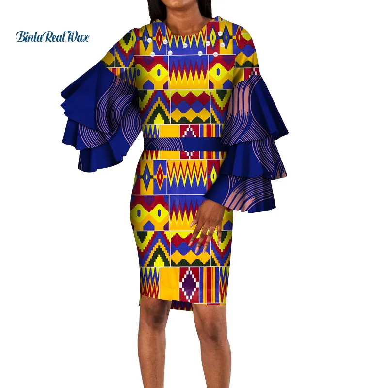 

African Dresses for Women Print Ruffles Sleeve Peals Long Dresses Vestidos Bazin Riche African Ankara Dresses Clothing WY4491