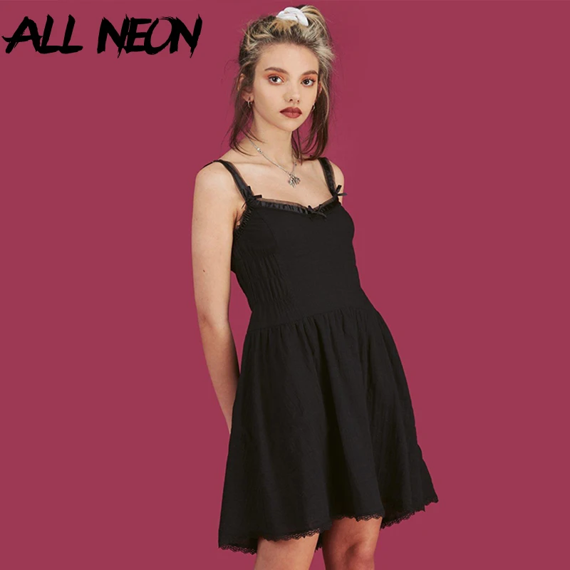 Летние платья на бретельках ALLNeon E Girl Y2K модное платье трапеция без рукавов с