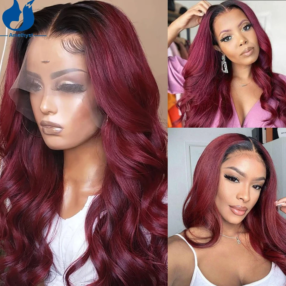 

Ombre Burgundy Lace Front Human Hair Wigs Body Wave Dark Root 99J Color Brazilian Remy 13x4 Frontal Wig Pre Plucked Amethyst Wig