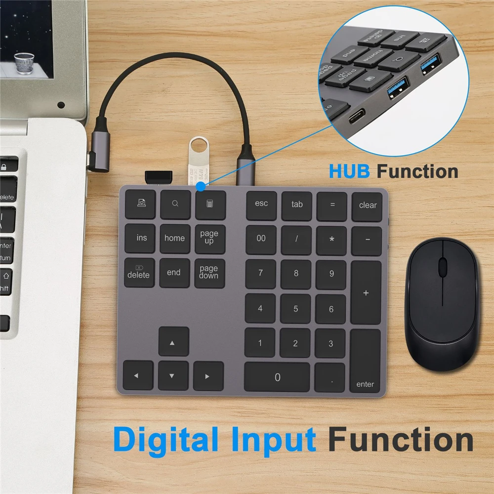 

Aluminum Alloy Bluetooth Wireless Numeric Keypad with USB HUB Digital Input Function for Windows,Mac OS,Android laptop PC