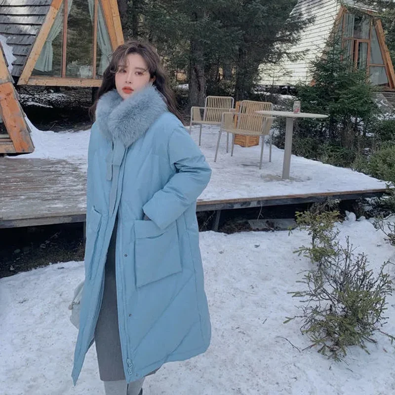 

2021 зимние теплые длинные пальто с натуральным меховым воротником, женские элегантные парки, однотонные пальто на 90% белом утином пуху, женская верхняя одежда в Корейском стиле