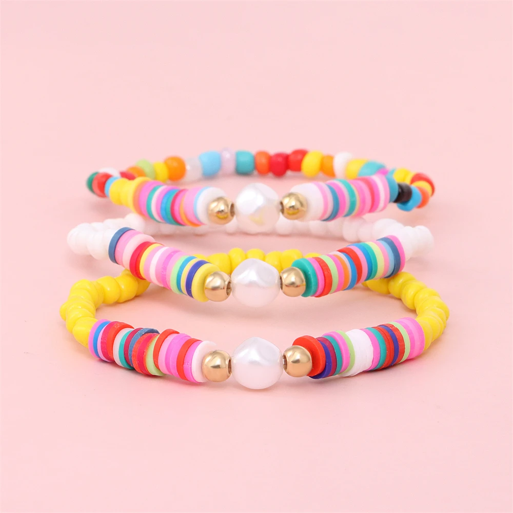 

Handmade Jewelry Pearl Charm Bracelets Colorful Polymer Clay Heishi Disc Beaded Bracelet For Women Friends Gift Boho
