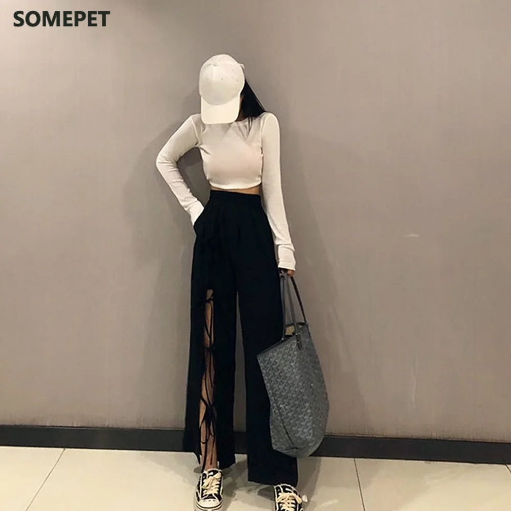 Casual Pants Women Wide Leg Loose Drape Lace Up Designed Mopping Leisure Slit Streetwear Female Autumn Korean Style Casual Chic 
Casual Pants Women Wide Leg Loose Drape Lace Up Designed Mopping Leisure Slit Streetwear Female Autumn Korean Style Casual Chic