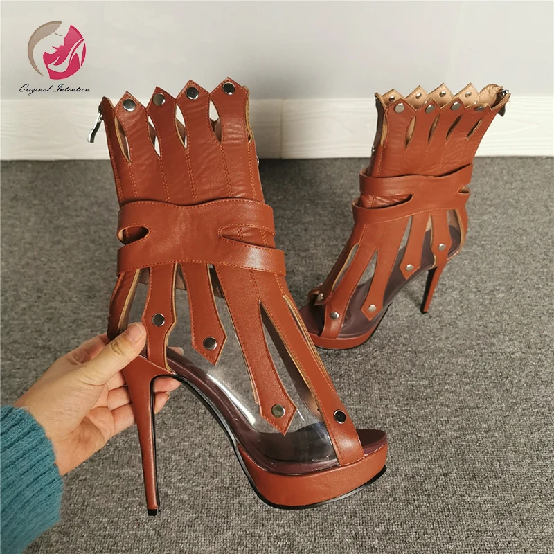 

Original Intention New Stylish Brown Sandals Woman Platform Stiletto High Heels Peep Toe Sexy Rome Style Shoes Woman Plus Size