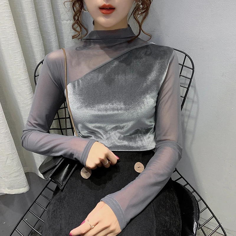 Women's autumn and winter gold velvet bottoming shirt head net yarn long sleeve T-shirt was thin half-high collar velvet T-shirt
Women's autumn and winter gold velvet bottoming shirt head net yarn long sleeve T-shirt was thin half-high collar velvet T-shirt