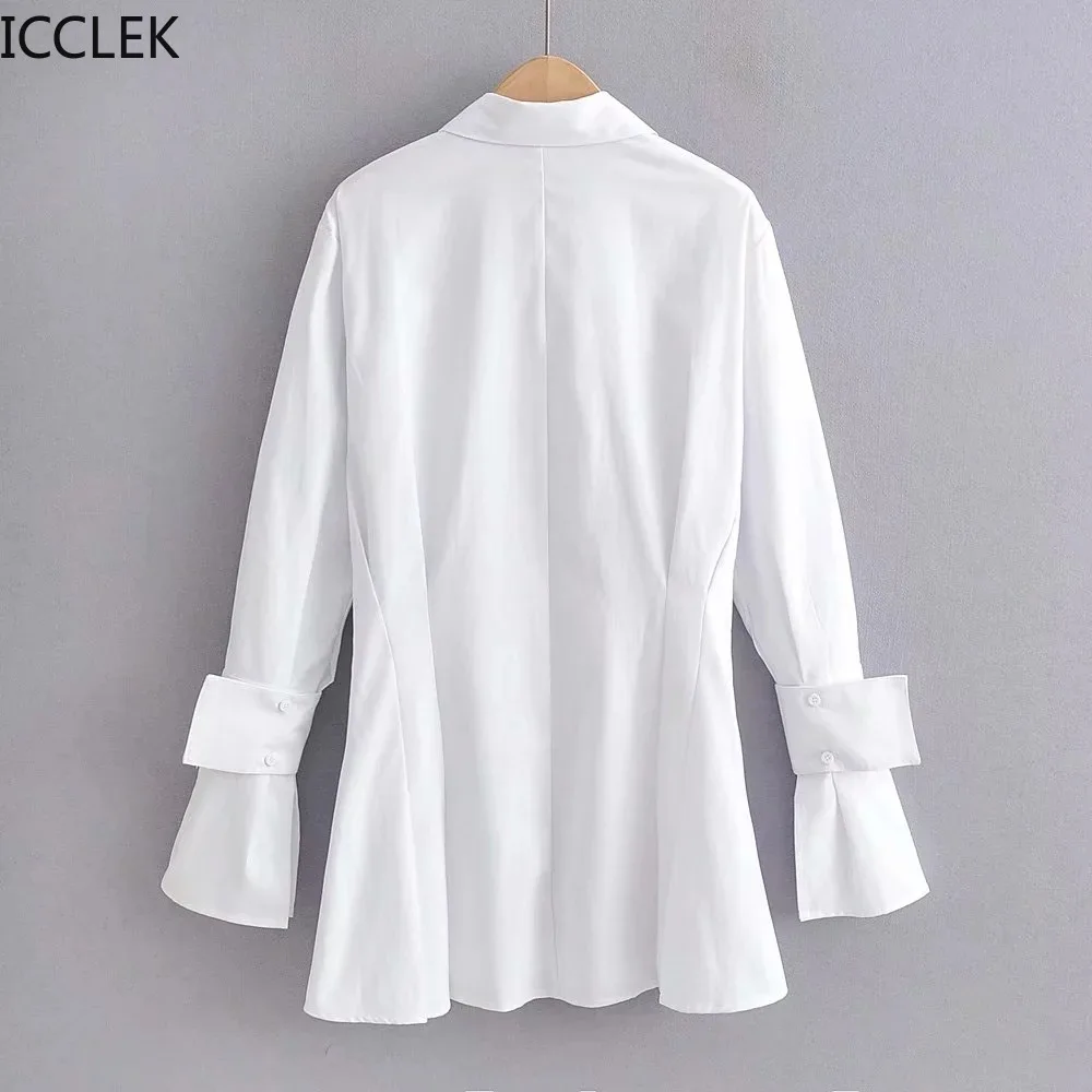 ICCLEK Autumn and Spring Women Workwear Style Waist Pocket Shirt Ins Flared Sleeves Lapel A-line Streetwear Long Sleeve Dresses 
ICCLEK Autumn and Spring Women Workwear Style Waist Pocket Shirt Ins Flared Sleeves Lapel A-line Streetwear Long Sleeve Dresses