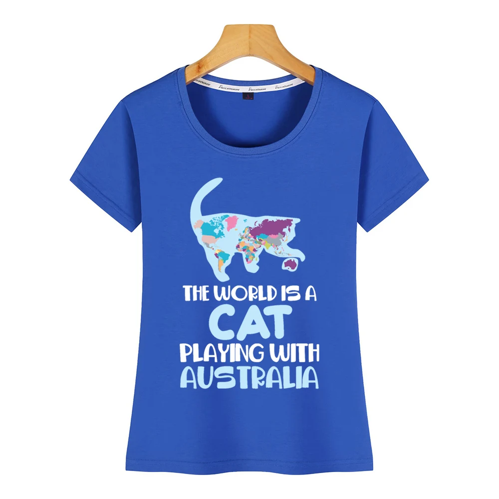 Топы футболка женская мир Кот игра в Австралию путешествия юмор Круглый ворот