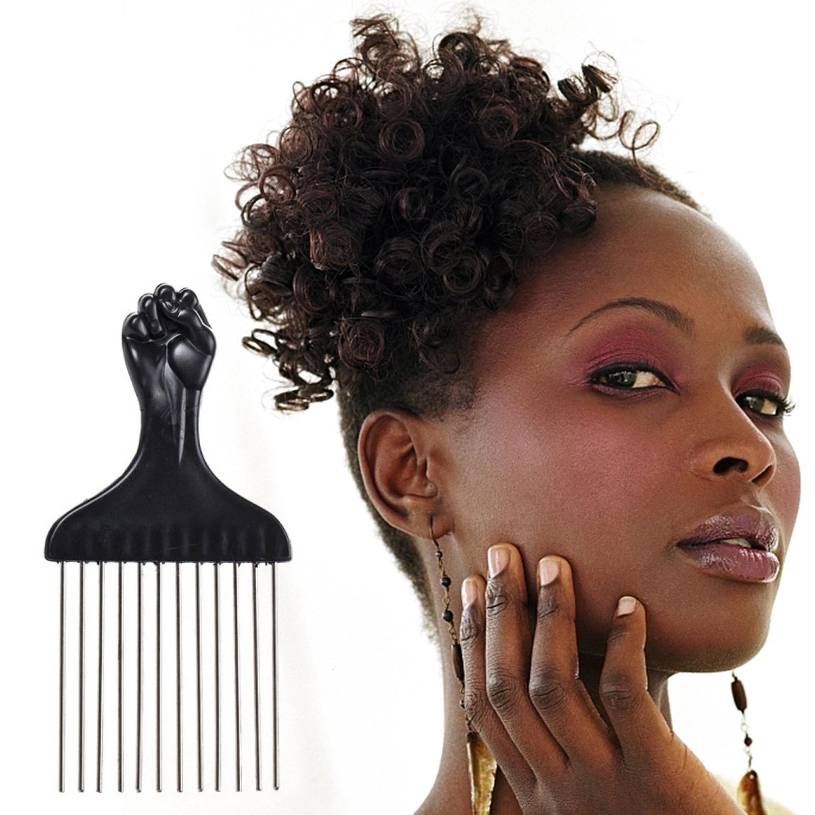 

Wide Teeth Metal Afro Comb Insert Curly Hairbrush Hair Fork Pick Comb Fist Shape Black Handle Hairdressing Brush Styling Tool