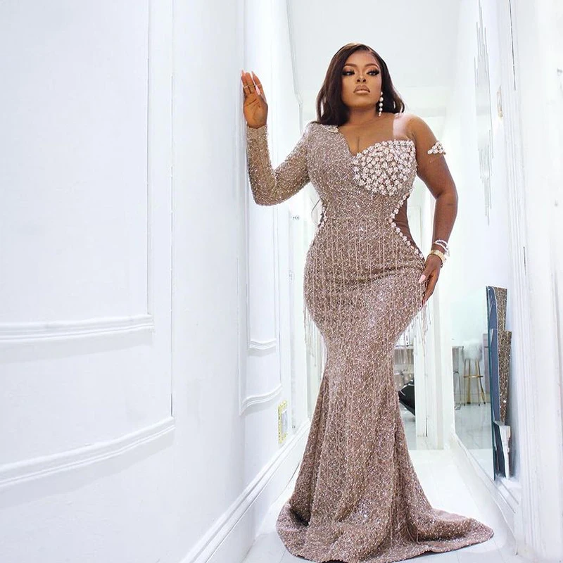 Gorgeous Bead Mermaid Evening Dresses Sheer One Long Sleeve Cutaway Prom Party Gown Sequine Flower Wear
Gorgeous Bead Mermaid Evening Dresses Sheer One Long Sleeve Cutaway Prom Party Gown Sequine Flower Wear