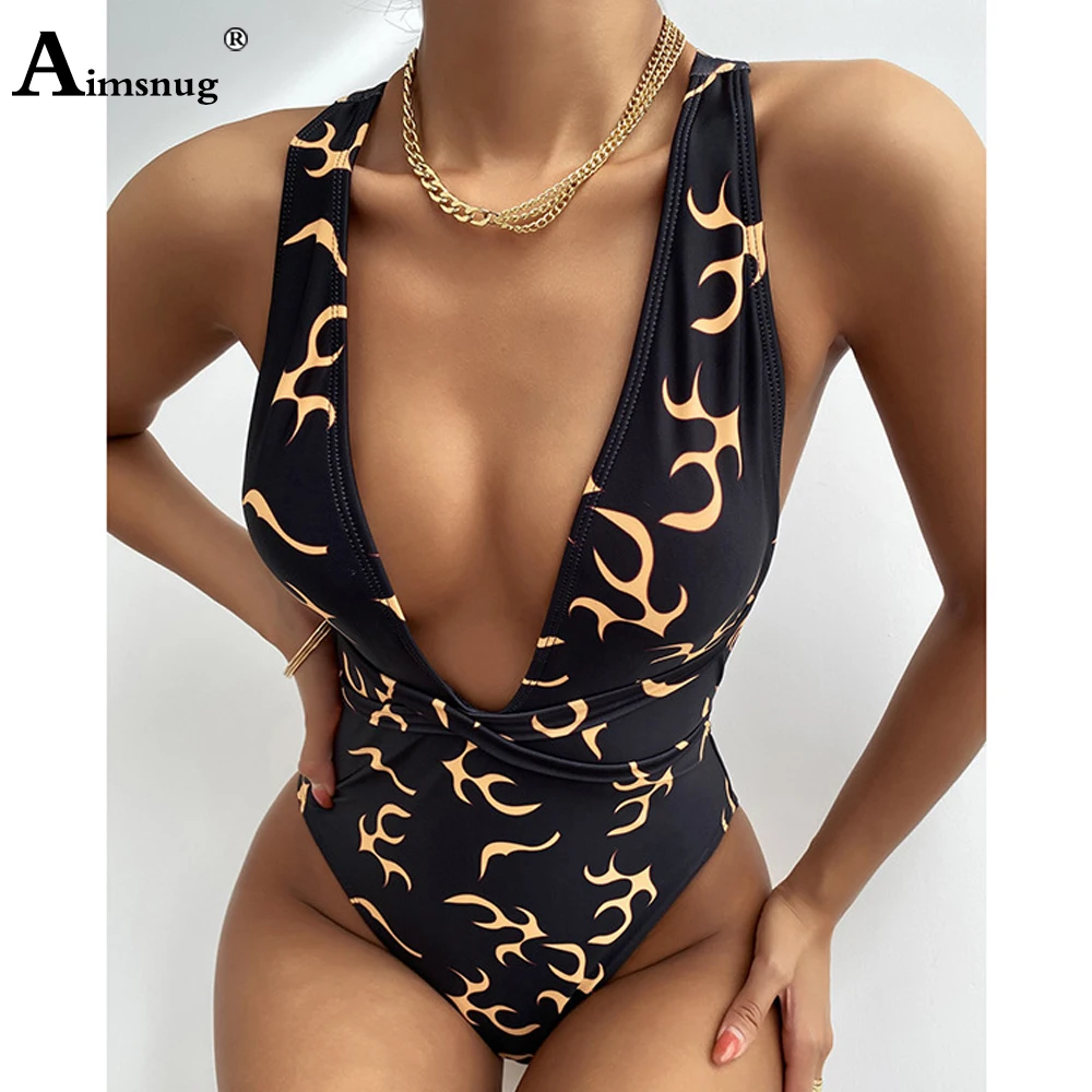 

Women High Waist Swimwear Fashion Stripe Print One Piece Swimsuit Monokini Bathing Suit Femme Sexy Deep V-neck Onesie Beachwear