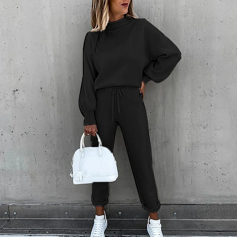 2021 Spring New European and American Women's Solid High Collar Long Sleeve Casual Suit