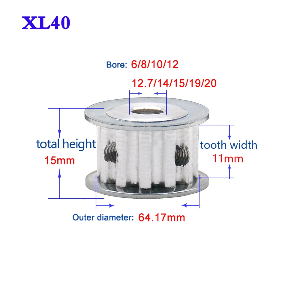 1Pcs XL 40 Tooth Synchronous Wheel Width 11mm Timing Belt Pulley Transmission Wheel Bore 6-20mm Keyway Hole
1Pcs XL 40 Tooth Synchronous Wheel Width 11mm Timing Belt Pulley Transmission Wheel Bore 6-20mm Keyway Hole