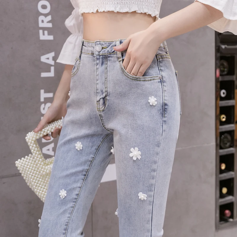 #2207 Summer Light Blue Stretch Denim Jeans Womens Pearls Casual Flare Jeans Female Ankle-length Korean Style Women's Jeans Slim
#2207 Summer Light Blue Stretch Denim Jeans Womens Pearls Casual Flare Jeans Female Ankle-length Korean Style Women's Jeans Slim