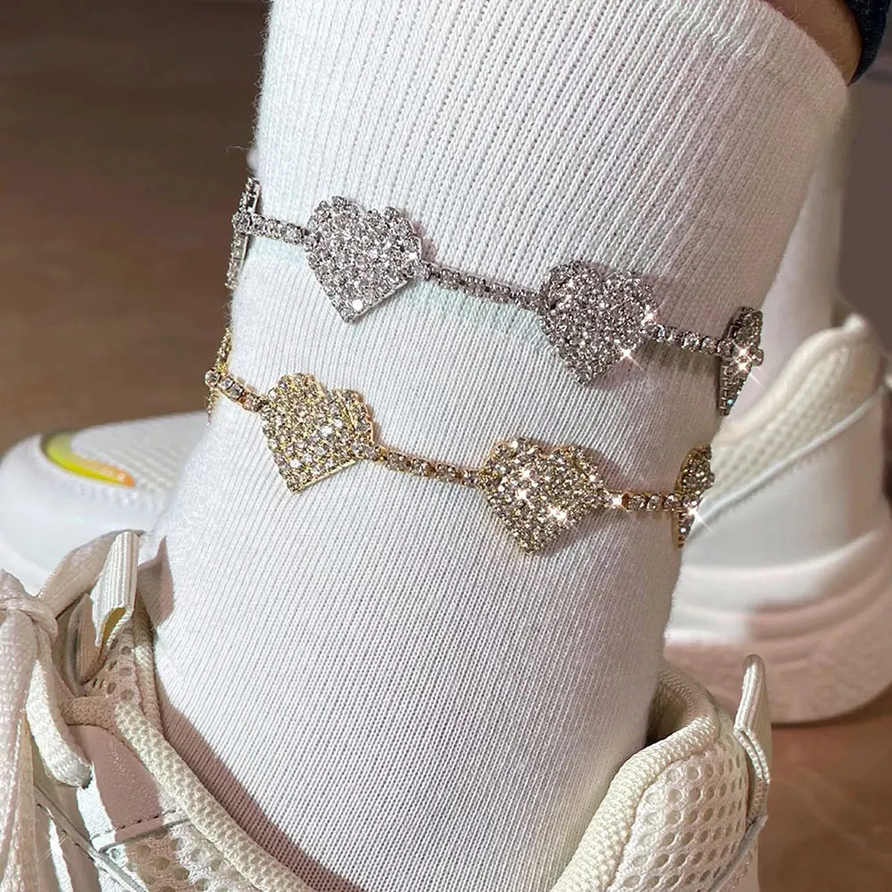 

Flatfoosie New Shiny Heart Rhinestone Anklets Bracelet for Women Beach Sandals Barefoot Tennis Chain Crystal Anklet 2021 Jewelry