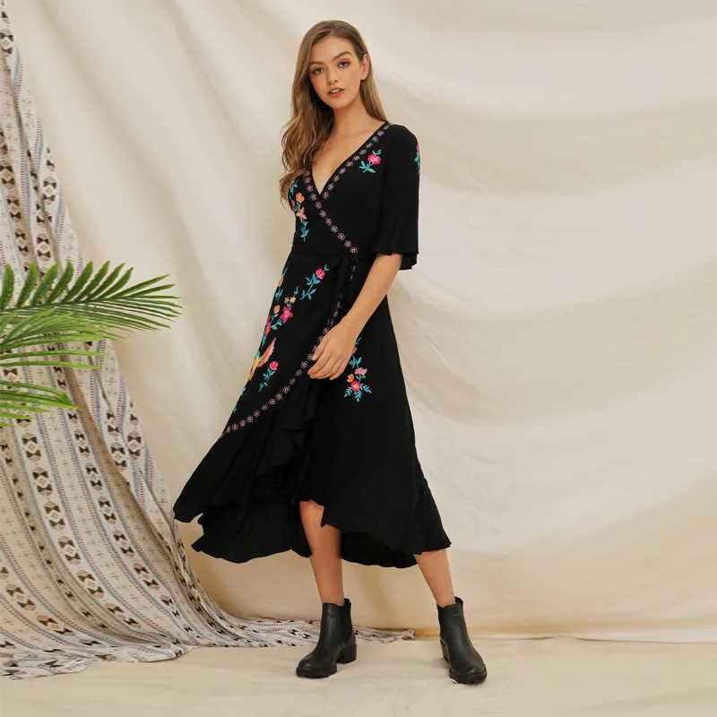 Boho Vintage Fashion Ruffle Hem Women Dress Sexy Dress Casual V neck Embrodiery Long Maxi Dresses 
Boho Vintage Fashion Ruffle Hem Women Dress Sexy Dress Casual V neck Embrodiery Long Maxi Dresses