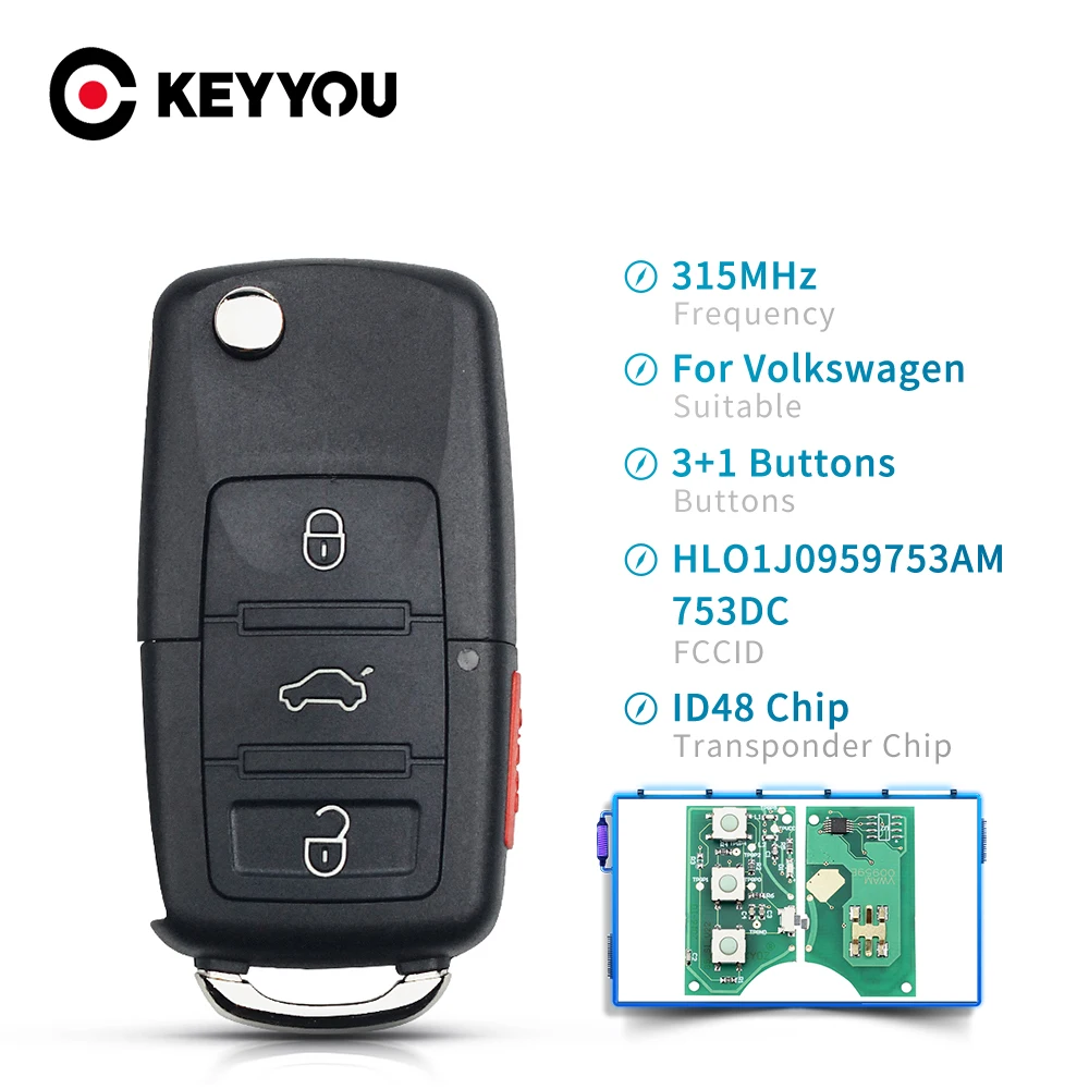 Автомобильный Дистанционный ключ KEYYOU для VW Volkswagen Beetle Golf Passat Jetta 315Mhz ID48 Chip 1J0959753AM