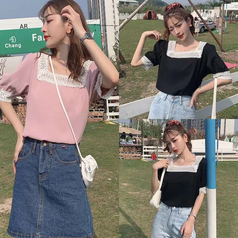 2020 Hollow Out Lace Trim Tops For Ladies Sweet Fashion Square Collar Short Sleeve Shirt Retro Style Solid Color Chiffon Blouse
2020 Hollow Out Lace Trim Tops For Ladies Sweet Fashion Square Collar Short Sleeve Shirt Retro Style Solid Color Chiffon Blouse