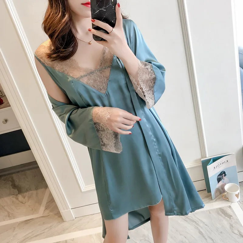 Lady Kimono Robe Gown Suit Summer Autumn Home Dress With Belt Sexy V-Neck Lace Trim Nightdress Casual Bathrobe Satin Sleepwear
Lady Kimono Robe Gown Suit Summer Autumn Home Dress With Belt Sexy V-Neck Lace Trim Nightdress Casual Bathrobe Satin Sleepwear