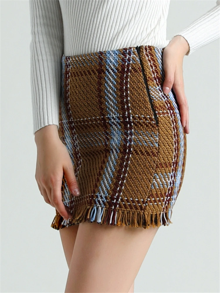 Осень-зима 2020 Женская юбка в клетку с бахромой трапециевидная выше колена модная
