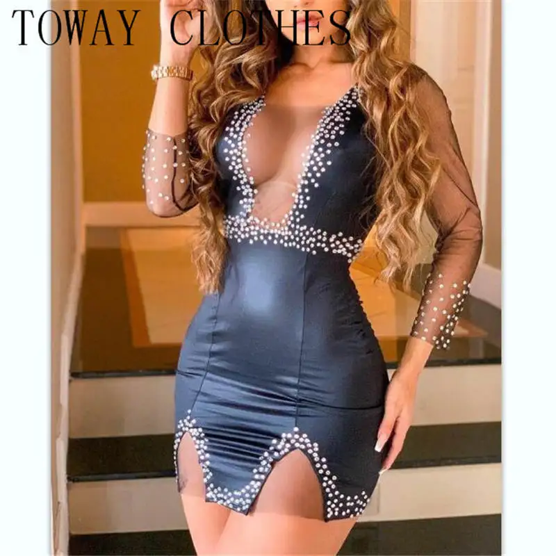 Women Sexy Patchwork Rhinestone Long Sleeves Mesh Bodycon Silt Mini Sexy Dresses
Women Sexy Patchwork Rhinestone Long Sleeves Mesh Bodycon Silt Mini Sexy Dresses