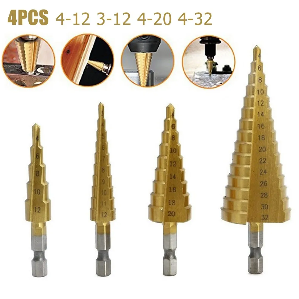 4Pcs HSS Steel Step Cone Drill Titanium Metal Hole Cutter Bits 3-12/4-12/20/32mm Drill Bits 4*Step Drill Bit
4Pcs HSS Steel Step Cone Drill Titanium Metal Hole Cutter Bits 3-12/4-12/20/32mm Drill Bits 4*Step Drill Bit