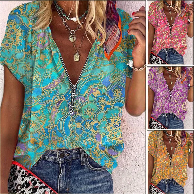 Summer Fashion Women's Vintage Printed Zipper V-neck Casual Short Sleeve Shirt Loose Plus Size Soft Tops T-shirt
Summer Fashion Women's Vintage Printed Zipper V-neck Casual Short Sleeve Shirt Loose Plus Size Soft Tops T-shirt