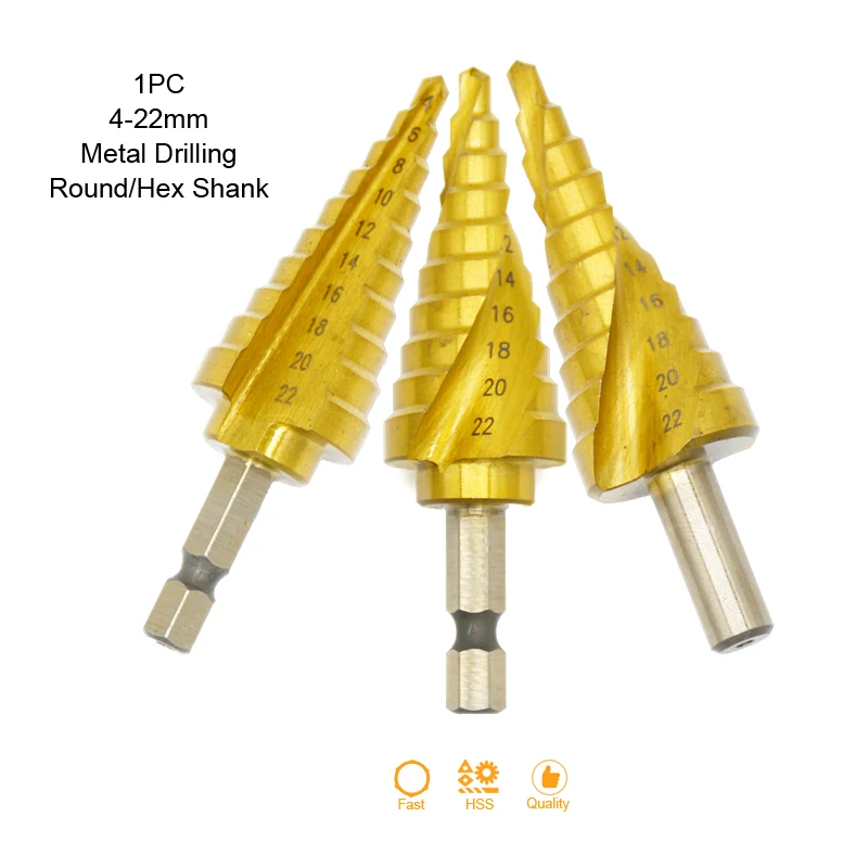 Ступенчатое сверло 4-22 мм, быстрорежущая сталь с титановым покрытием и шестигранным круглым хвостовиком, с прямым спиральным пазом, для мета...
Ступенчатое сверло 4-22 мм, быстрорежущая сталь с титановым покрытием и шестигранным круглым хвостовиком, с прямым спиральным пазом, для мета...