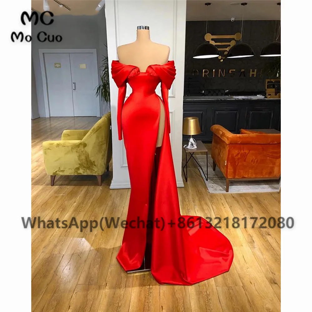 2021 Red Off Shoulder Evening Dresses High Slit Pleat Satin Robe De Soiree Long Sleeves Evening Party Prom Dress for Women's
2021 Red Off Shoulder Evening Dresses High Slit Pleat Satin Robe De Soiree Long Sleeves Evening Party Prom Dress for Women's